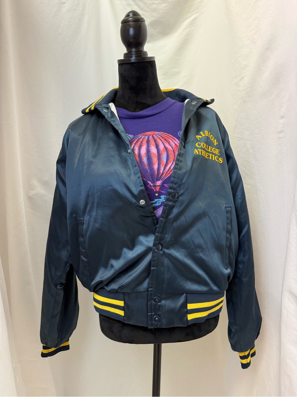 Vintage Albion College Athletics Navy Satin Bomber Jacket with Yellow Trim